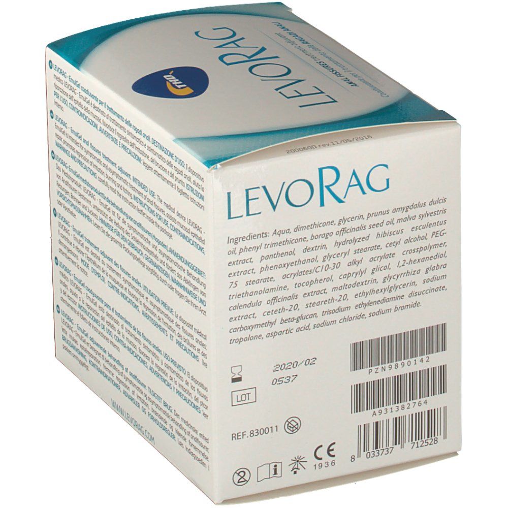 Dos de l'emballage LEVORAG. Ingrédients, numéro de lot, date de péremption et marquage CE. Code-barres.