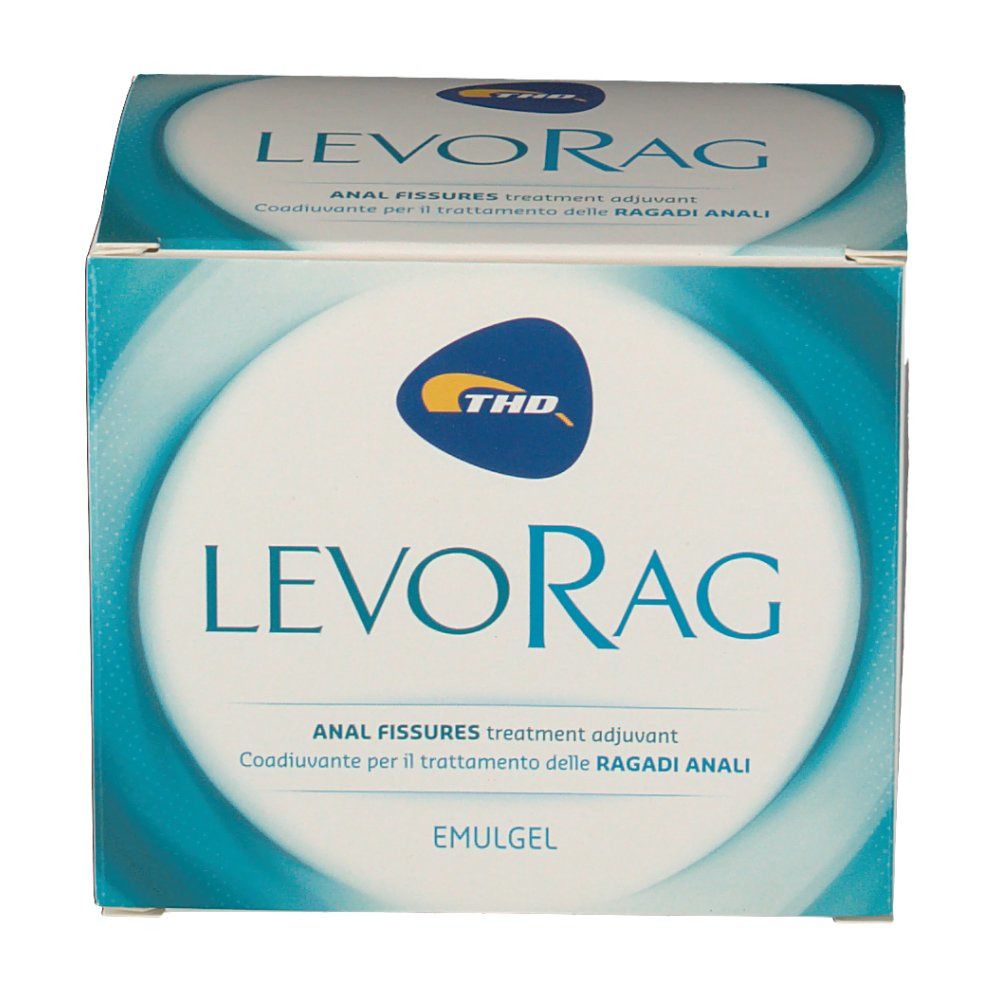 Boîte LEVORAG, logo et nom du produit. Emballage bleu et blanc avec logo THD. Texte: ANAL FISSURES treatment adjuvant.
