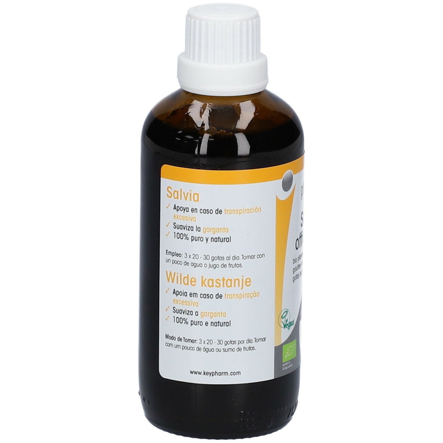 Flacon en verre brun avec bouchon blanc. Étiquette avec informations produit. Label vegan. 100 ml.