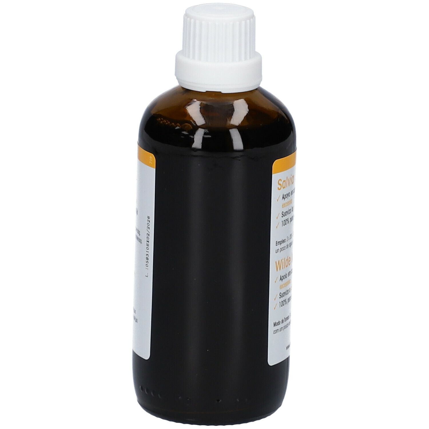 Flacon en verre brun avec bouchon blanc. Étiquette avec informations produit. Label vegan. 100 ml.
