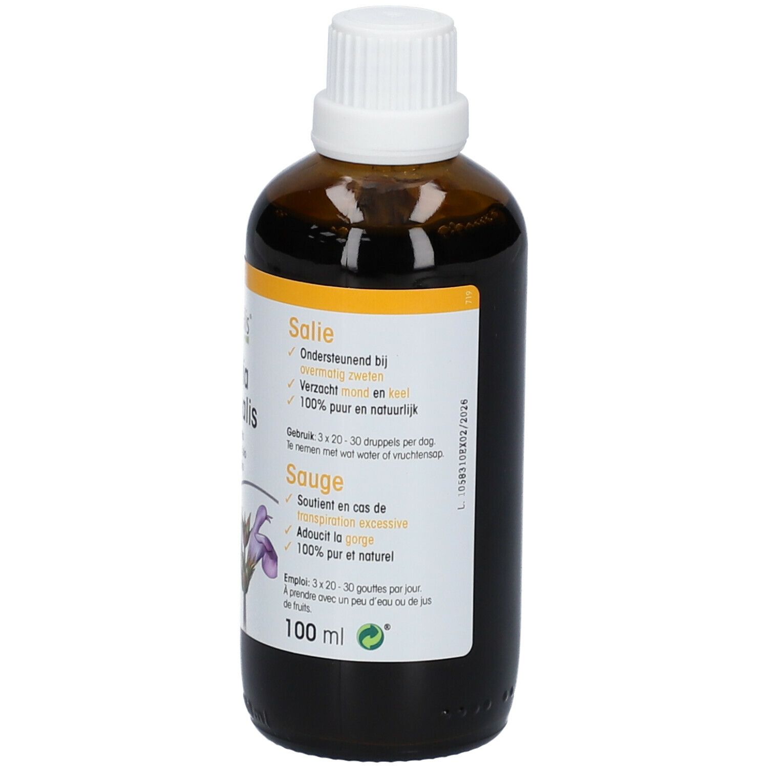 Flacon en verre brun avec bouchon blanc. Étiquette avec informations produit. Label vegan. 100 ml.