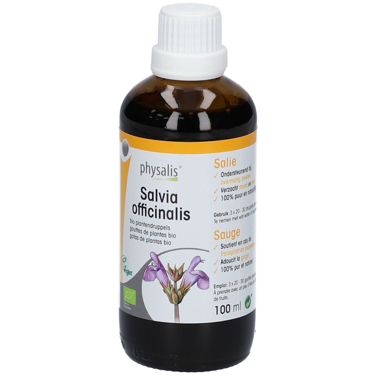 Flacon en verre brun avec bouchon blanc. Étiquette avec informations produit. Label vegan. 100 ml.