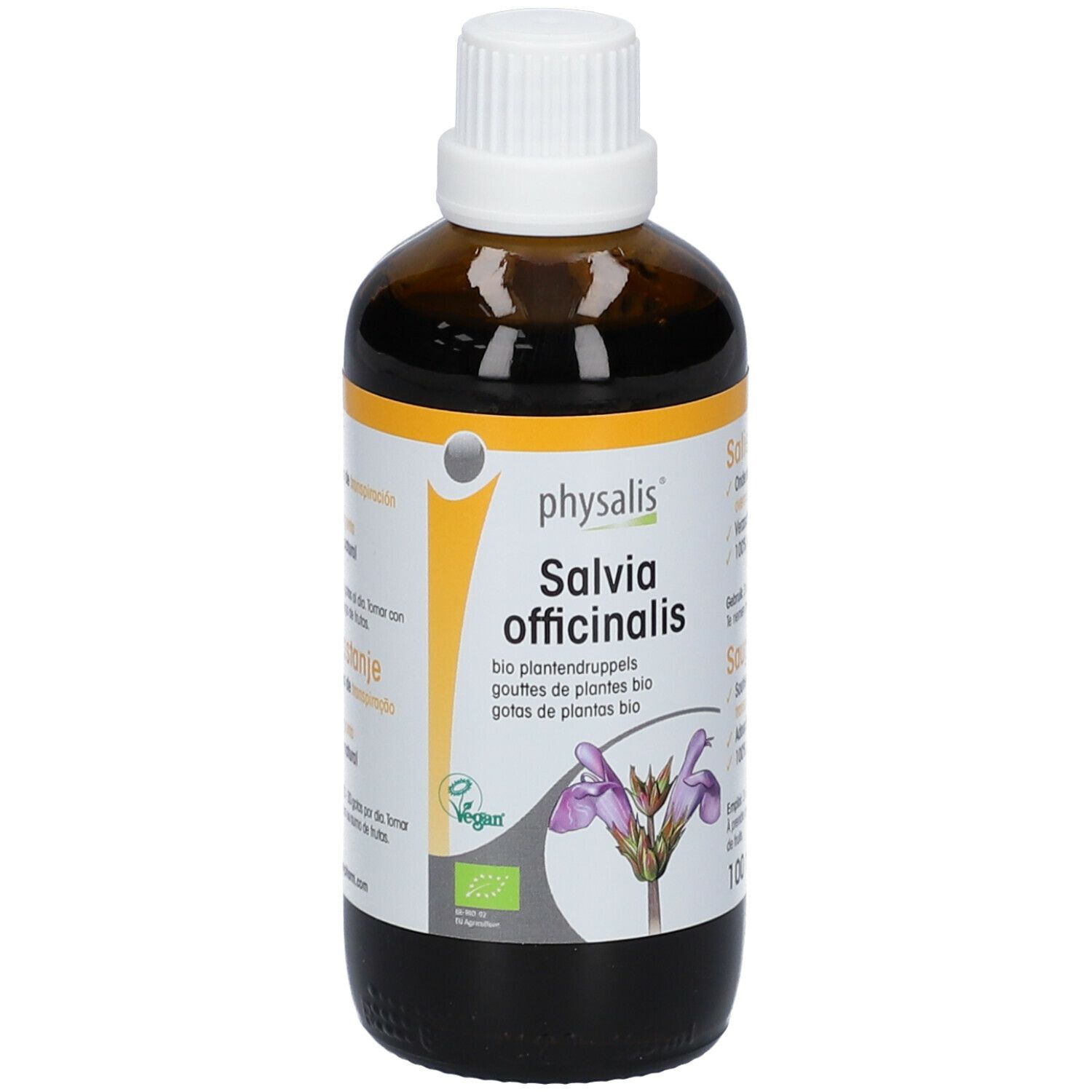 Flacon en verre brun avec bouchon blanc. Étiquette avec informations produit. Label vegan. 100 ml.