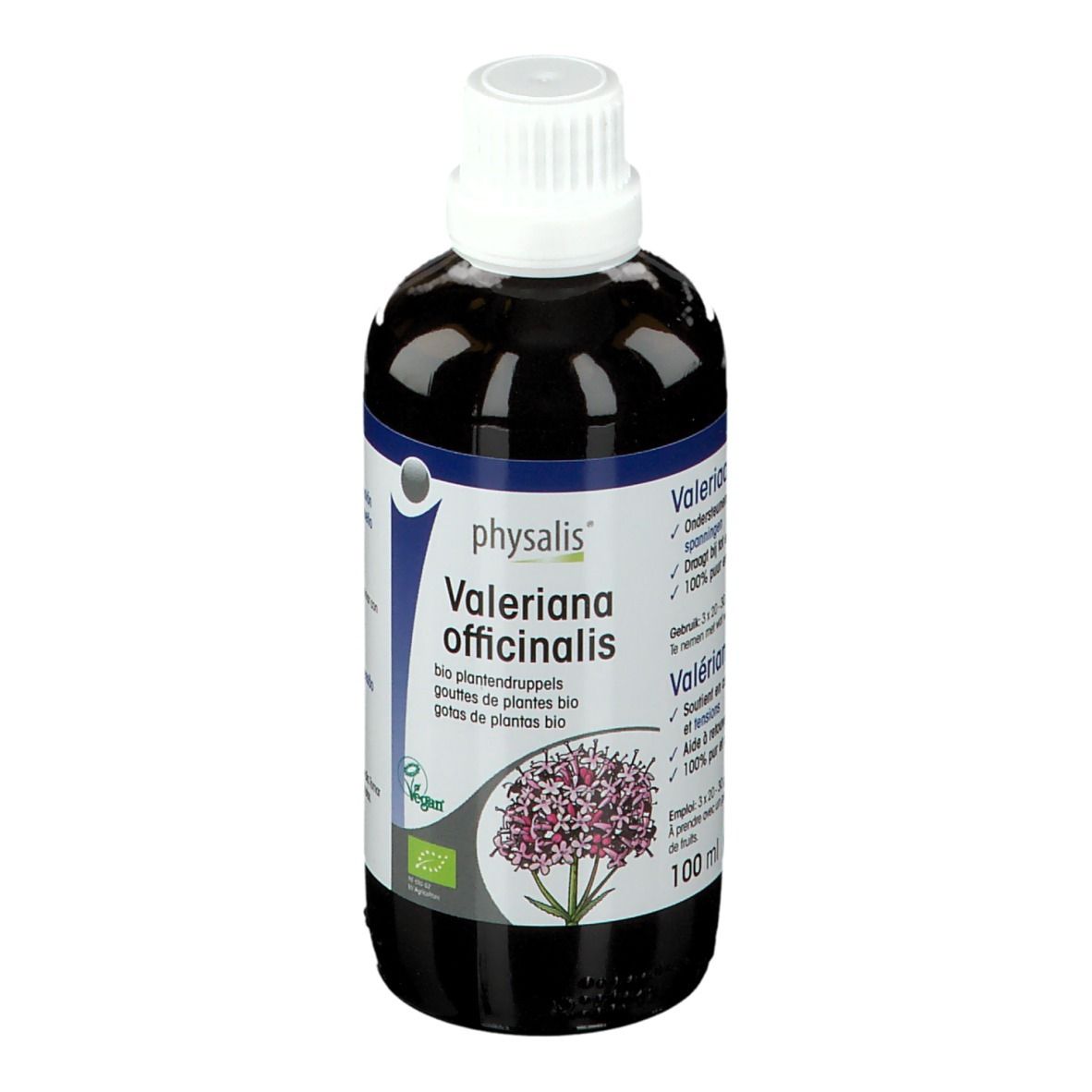 Flacon de liquide brun avec bouchon blanc. Étiquette avec nom du produit et illustration florale. Label bio.