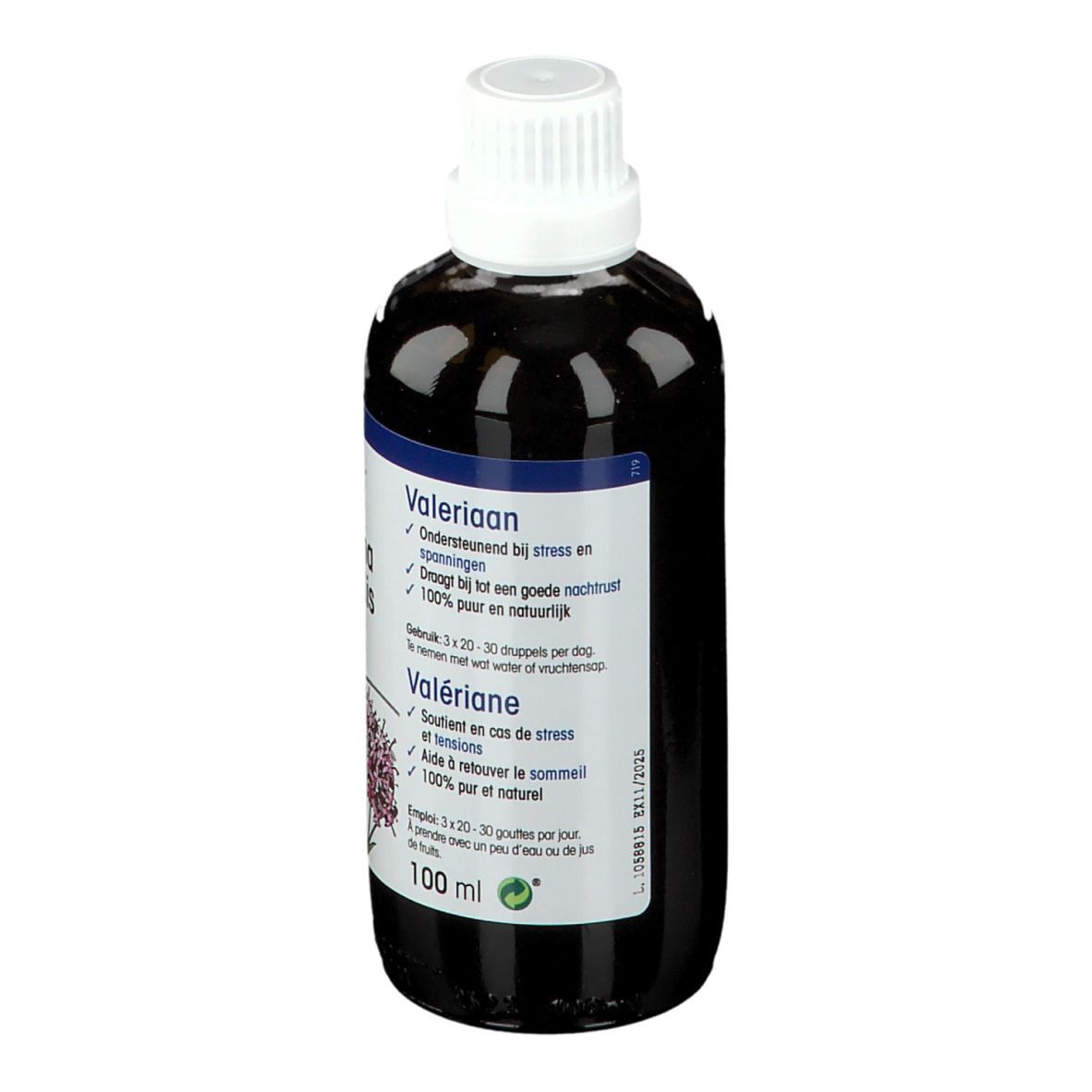Flacon de liquide brun avec bouchon blanc. Étiquette avec informations produit. 100 ml.