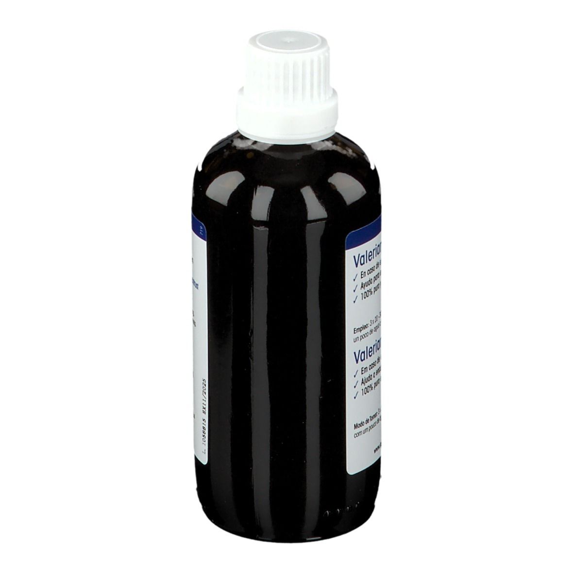Flacon de liquide brun avec bouchon blanc. Étiquette avec informations produit. Vue arrière.