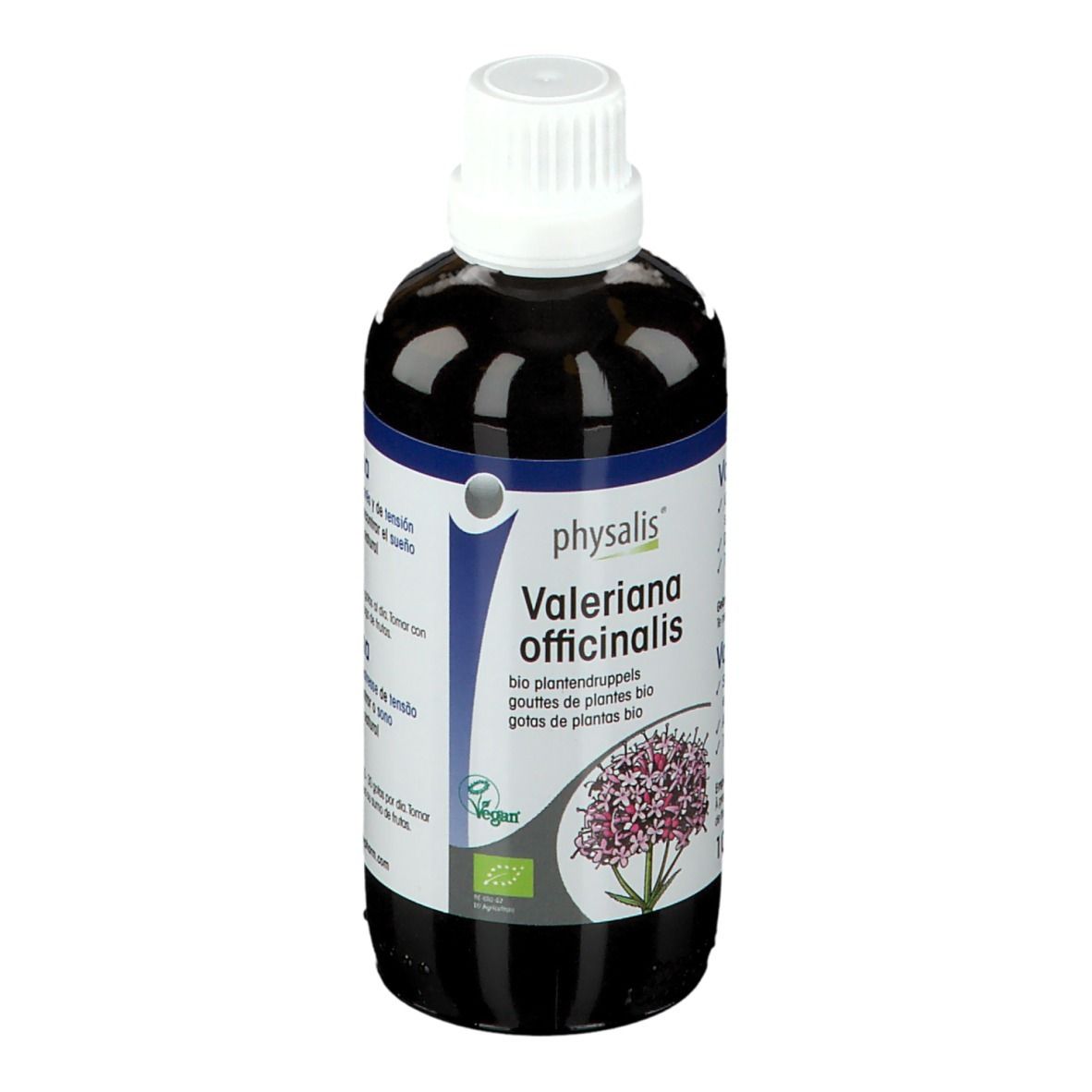 Flacon de liquide brun avec bouchon blanc. Étiquette avec nom du produit et illustration florale. Label bio.