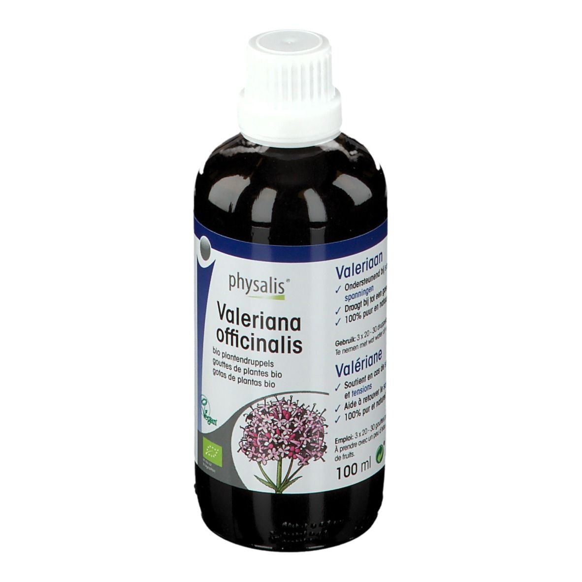 Flacon de liquide brun avec bouchon blanc. Étiquette avec nom du produit et illustration florale. 100 ml.