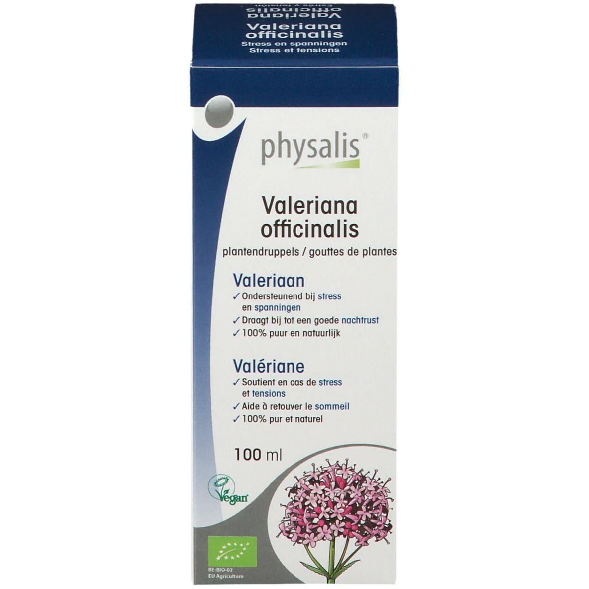 Emballage du produit. Boîte avec nom du produit, illustration florale et informations. 100 ml.