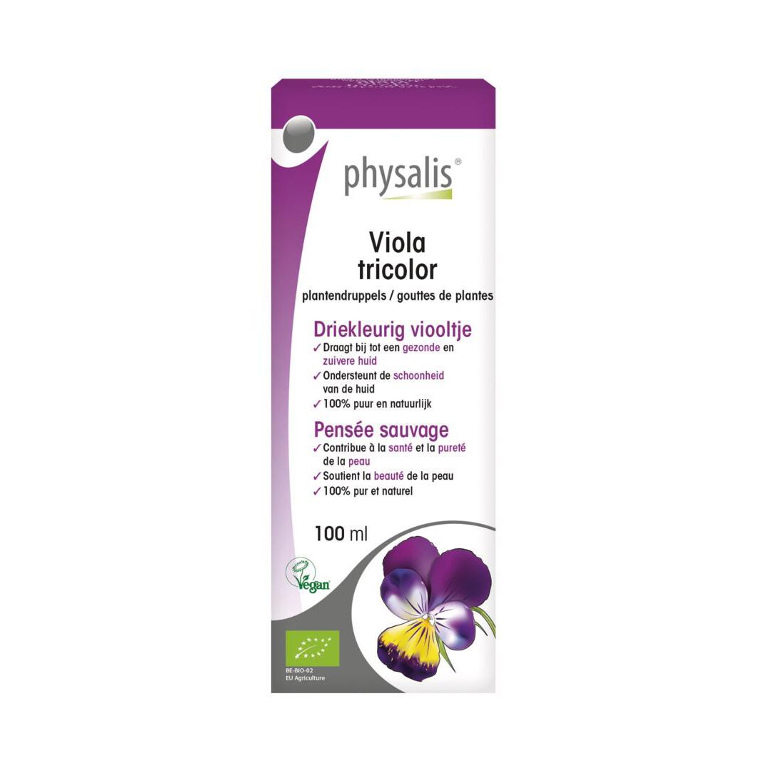 Fles met paarse vloeistof. Opschrift: physalis Viola tricolor. Vegan- en bio-keurmerk.