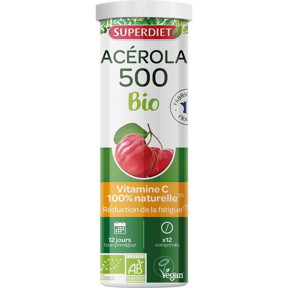 Tube de comprimés. Inscription: Acerola Bio 500, Vitamine C. Label AB. 12 comprimés. 1 comprimé par jour.
