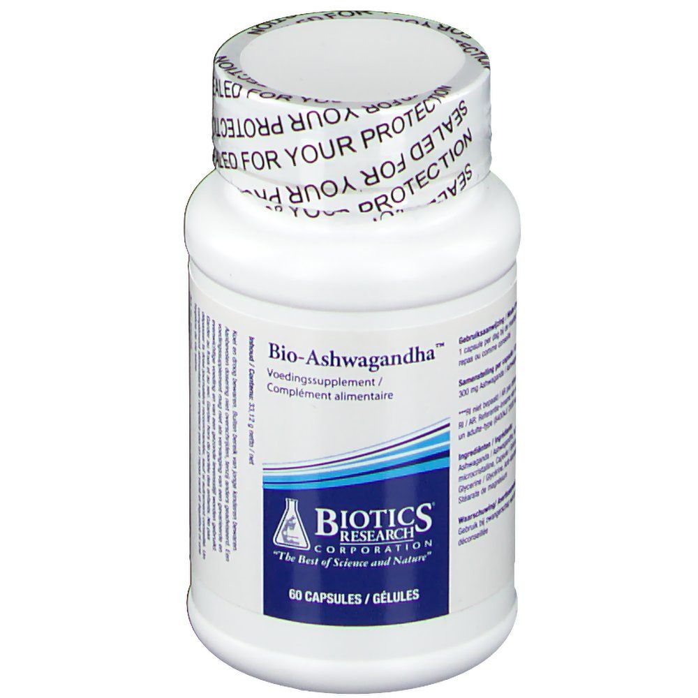 Flacon blanc avec texte Bio-Ashwagandha. Étiquettes bleues et blanches avec texte. 60 gélules. Biotics Research Corporation.