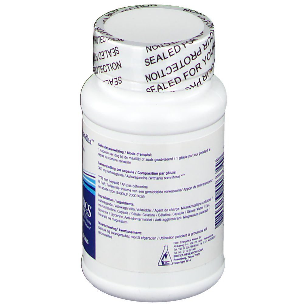 Vue arrière d'un flacon blanc avec texte. Étiquette avec informations sur les ingrédients et le dosage. Biotics Research Corporation.