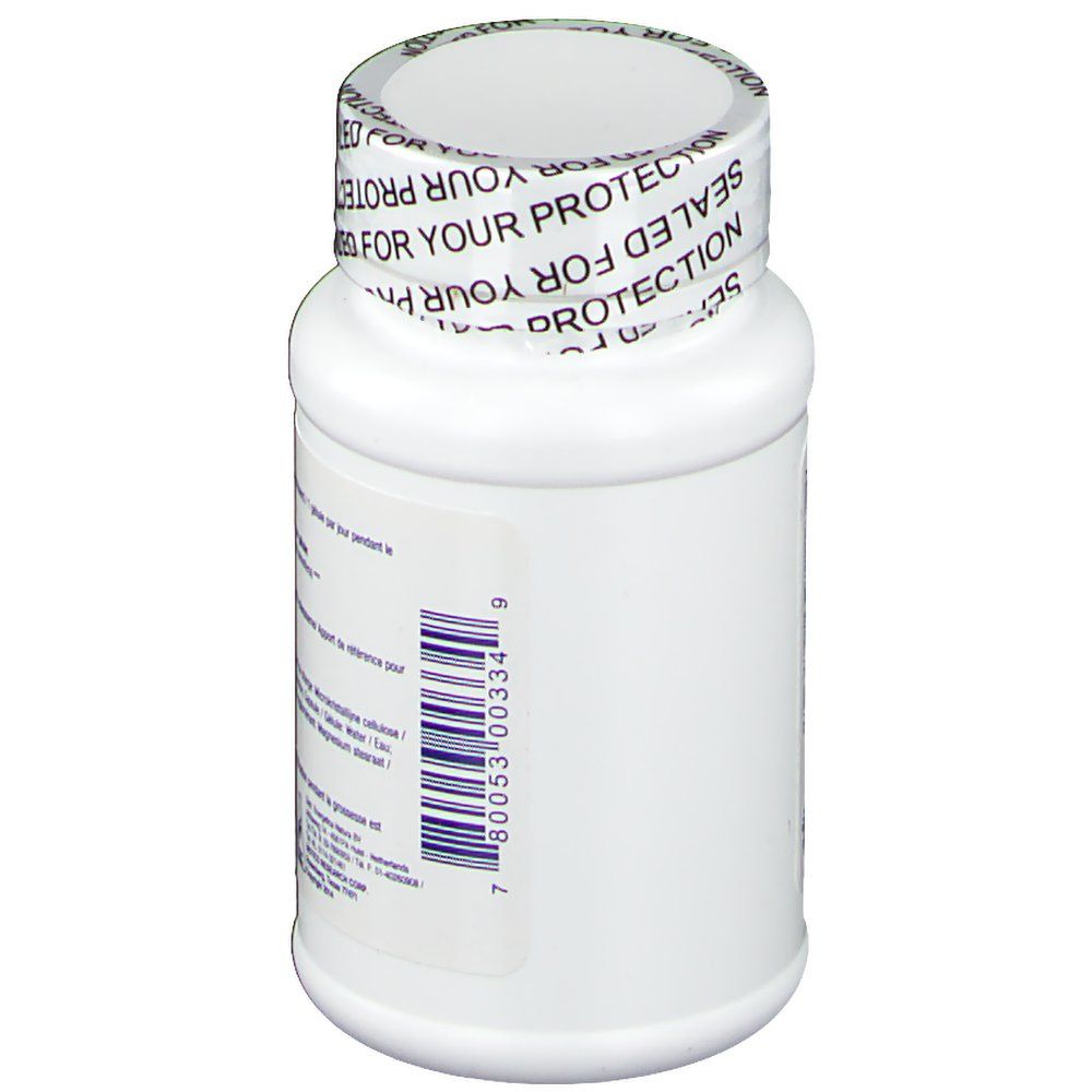 Flacon blanc avec code-barres et texte. Vue arrière. Bouchon avec texte 'SEALED FOR YOUR PROTECTION'.