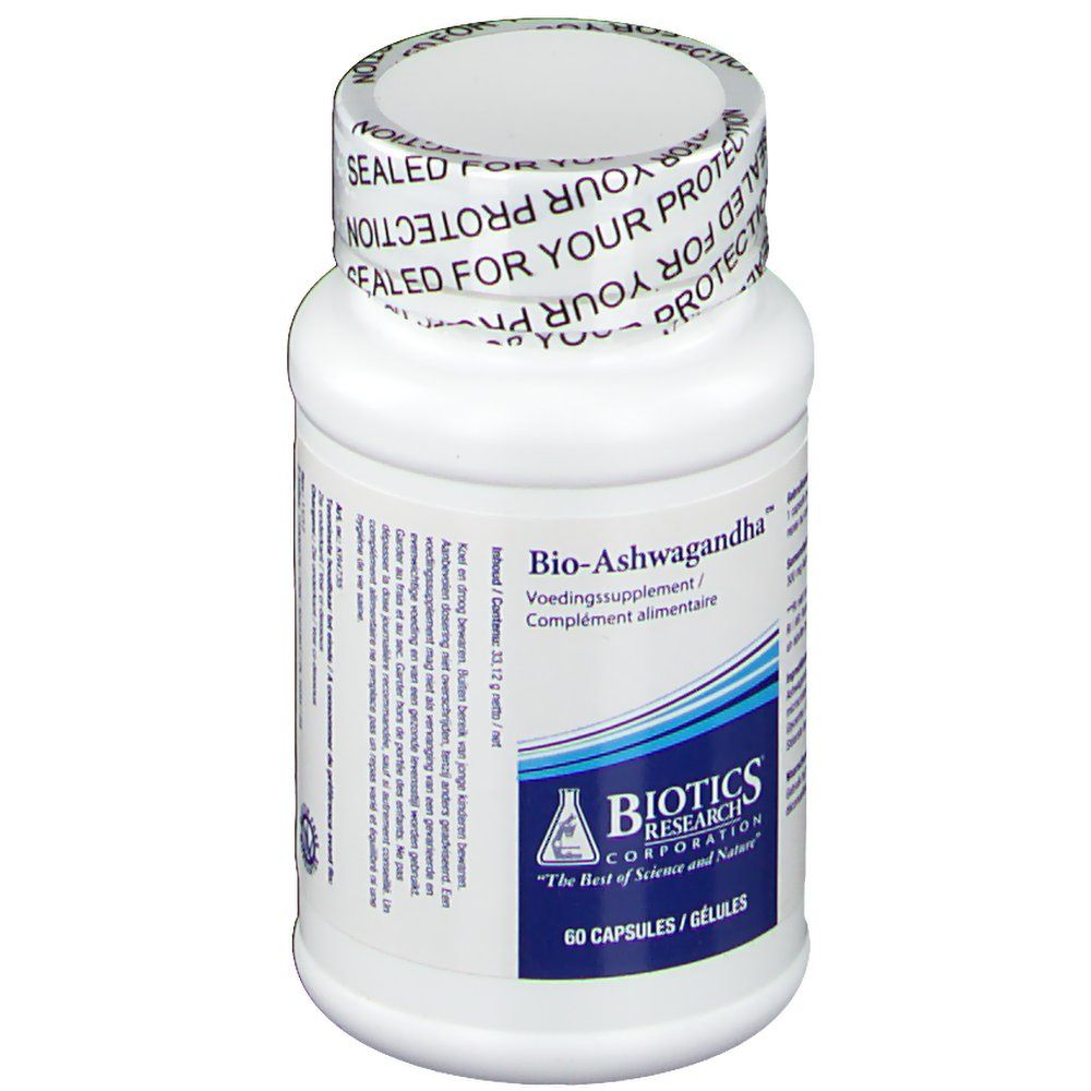 Flacon blanc avec texte Bio-Ashwagandha. Étiquettes bleues et blanches avec texte. 60 gélules. Biotics Research Corporation.