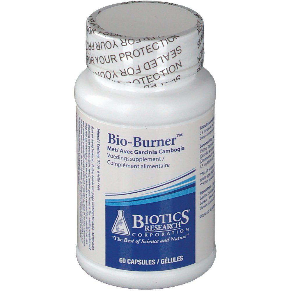 Flacon blanc de gélules. Inscription: Bio-Burner, Met/Avec Garcinia Cambogia, Voedingssupplement/Complément alimentaire. Biotics Research Corporation.