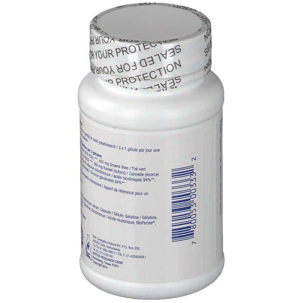 Dos d'un flacon blanc de gélules. Texte: 400 mg Thé vert, 15 mg Nicotinamide, Cannelle.