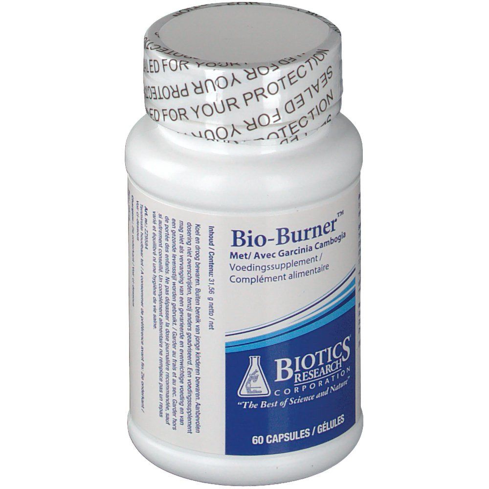 Flacon blanc de gélules. Inscription: Bio-Burner, Met/Avec Garcinia Cambogia, Voedingssupplement/Complément alimentaire. 60 gélules.