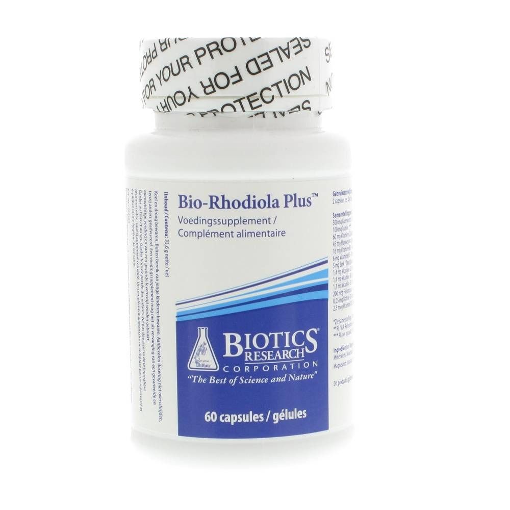 Flacon blanc de gélules. Inscription: Bio-Rhodiola Plus, 60 gélules. Logo Biotics Research.