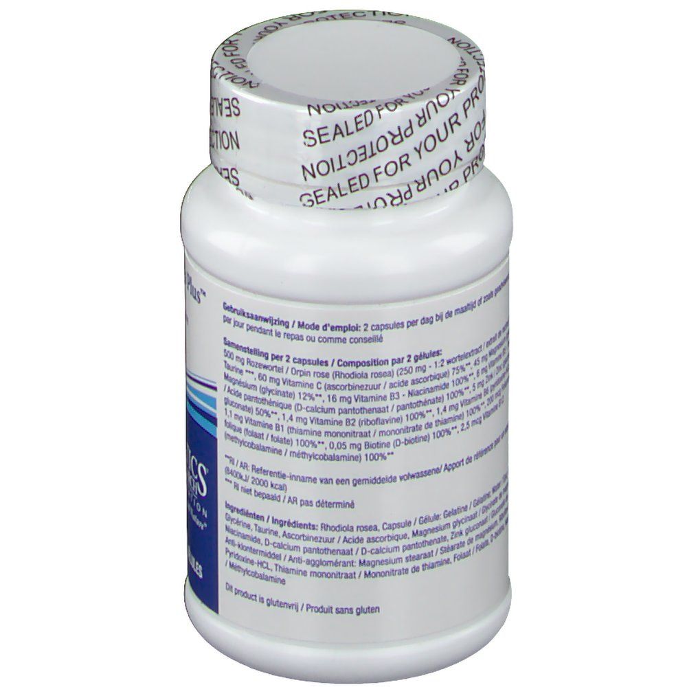 Vue arrière du flacon de gélules. Texte avec ingrédients et dosage. Bouchon avec inscription 'SEALED FOR YOUR PROTECTION'.