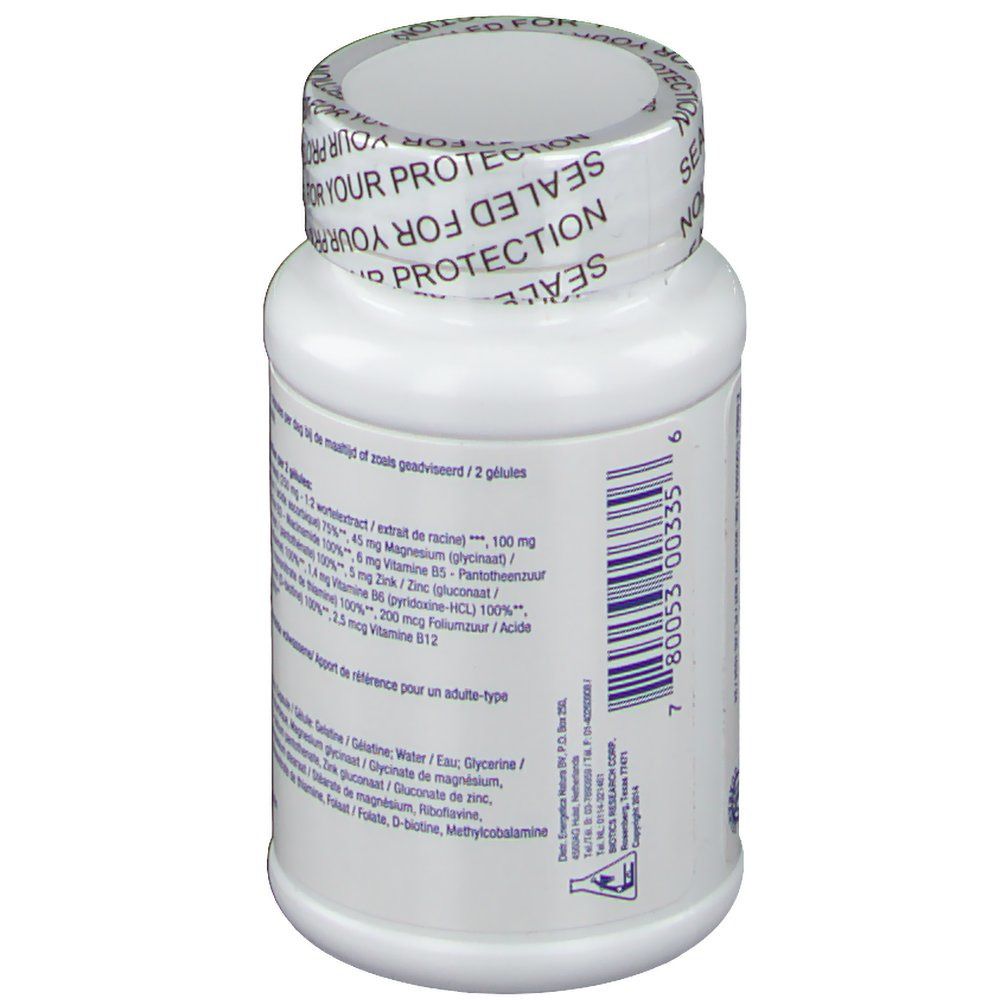 Vue arrière du flacon de gélules. Texte avec ingrédients et dosage. Bouchon avec inscription 'SEALED FOR YOUR PROTECTION'.