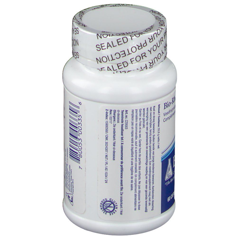 Vue latérale du flacon de gélules. Texte avec ingrédients et dosage. Bouchon avec inscription 'SEALED FOR YOUR PROTECTION'.