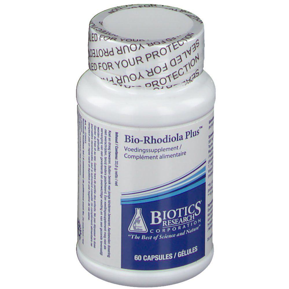 Flacon blanc de gélules. Inscription: Bio-Rhodiola Plus, 60 gélules. Logo Biotics Research.