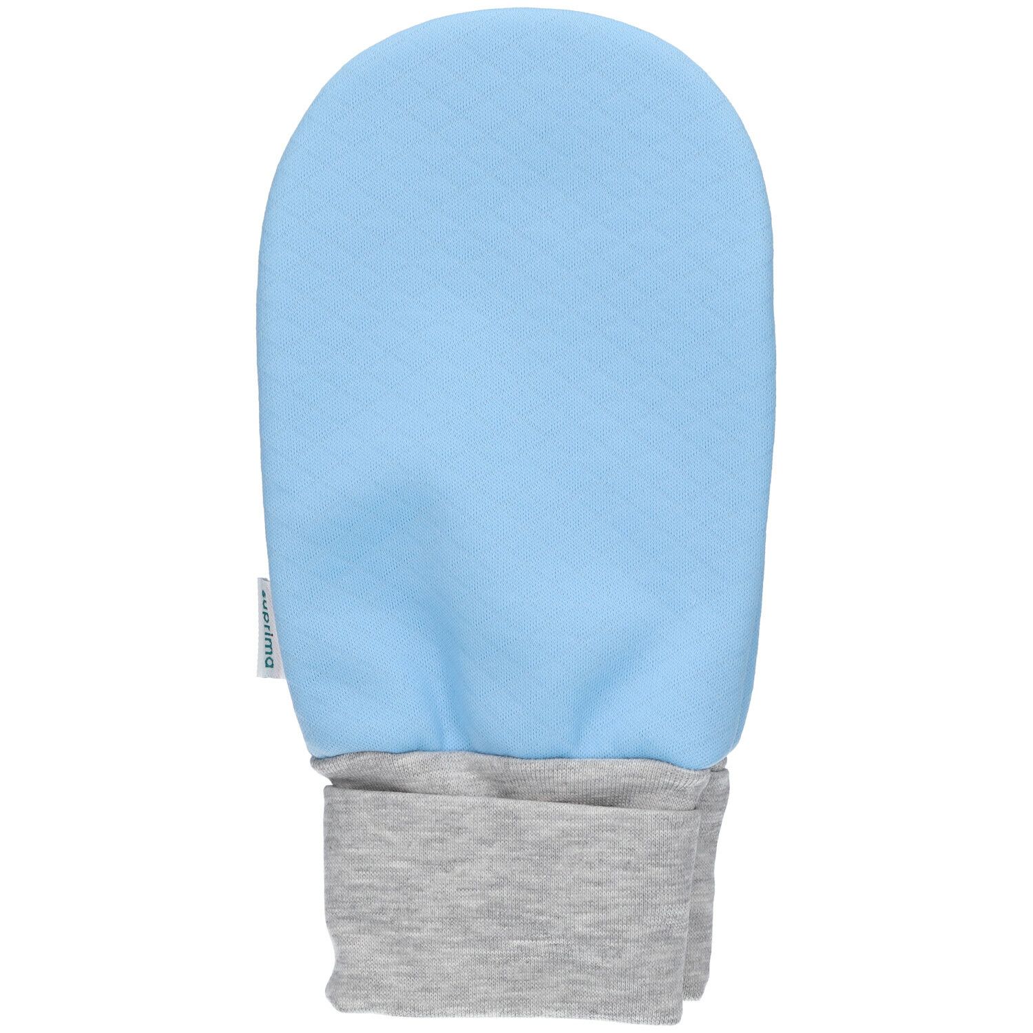 Mitaine patient bleue avec poignet gris. Surface gaufrée. Étiquette avec texte.