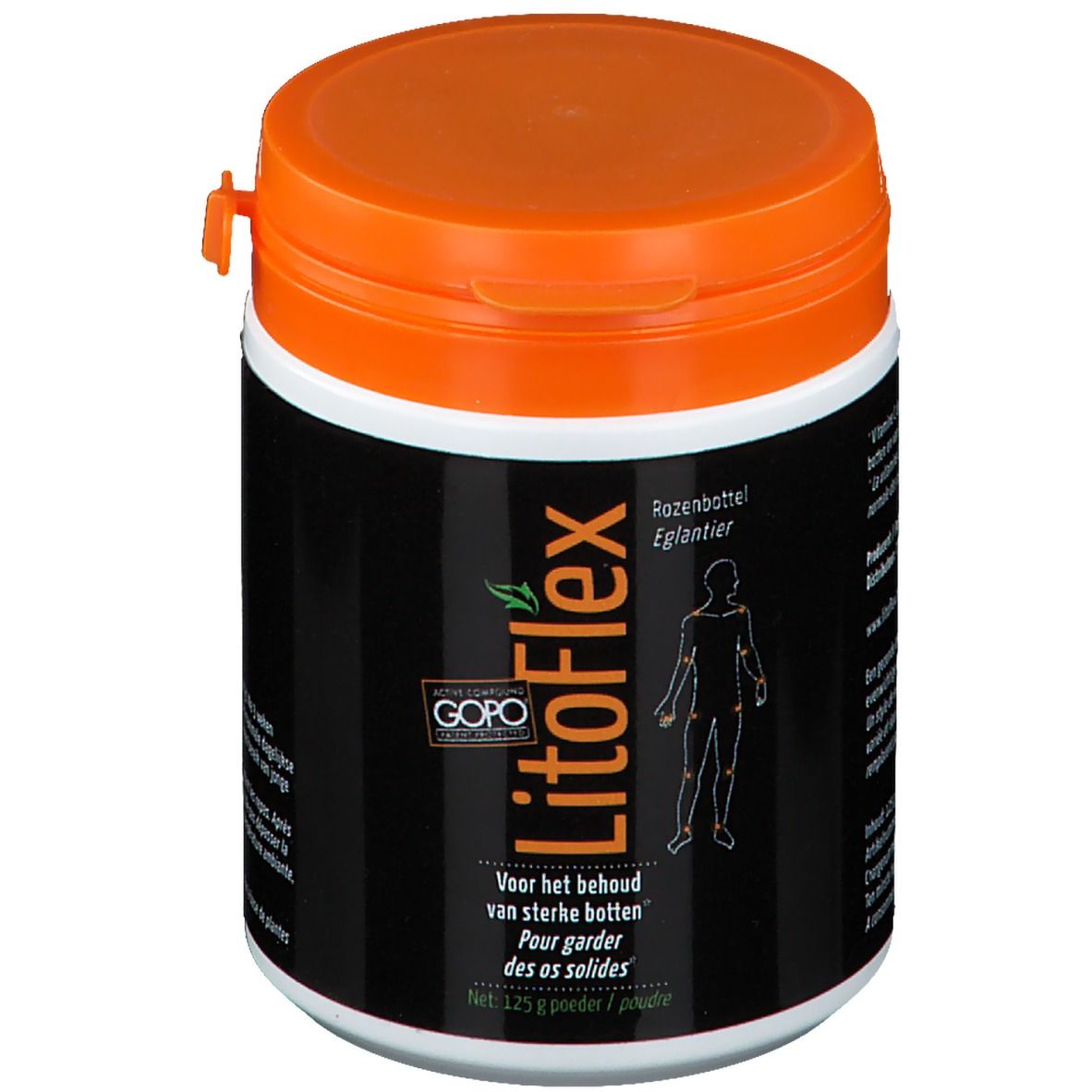Zylindrische Dose mit orangefarbenem Deckel. Aufschrift LitoFlex, Logo und Text in Schwarz und Weiß. Netto 125 g Pulver.