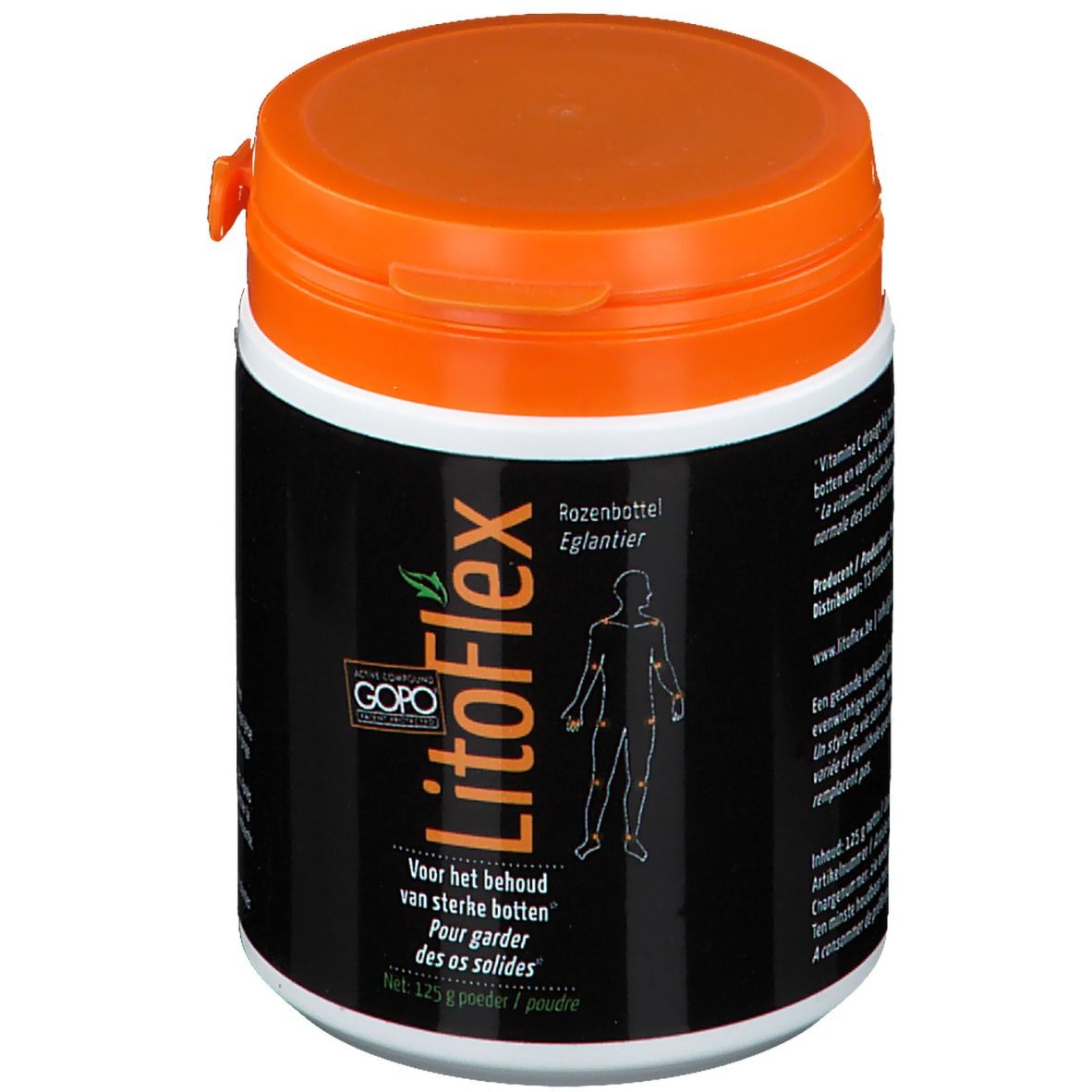 Zylindrische Dose mit orangefarbenem Deckel. Aufschrift LitoFlex, Logo und Text in Schwarz und Weiß. Netto 125 g Pulver.