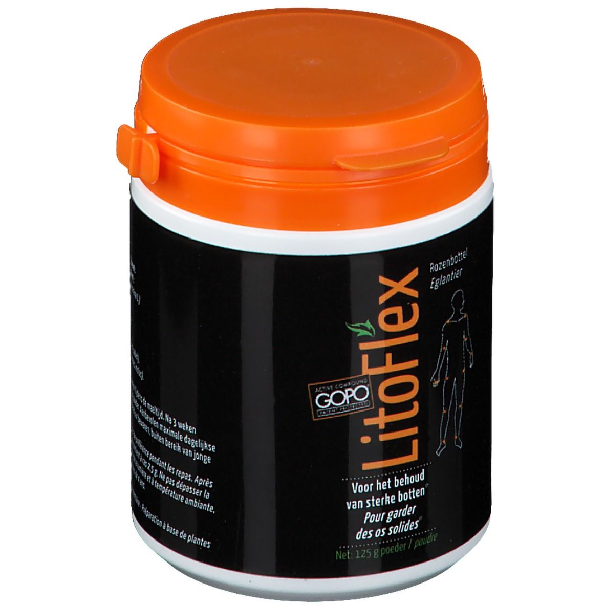 Zylindrische Dose mit orangefarbenem Deckel. Aufschrift LitoFlex, Logo und Text in Schwarz und Weiß. Netto 125 g Pulver.