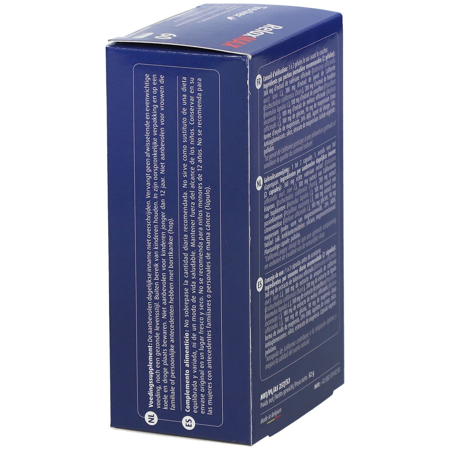 Boîte bleue, vue latérale. Texte multilingue. Contient des informations sur les ingrédients et les avertissements.