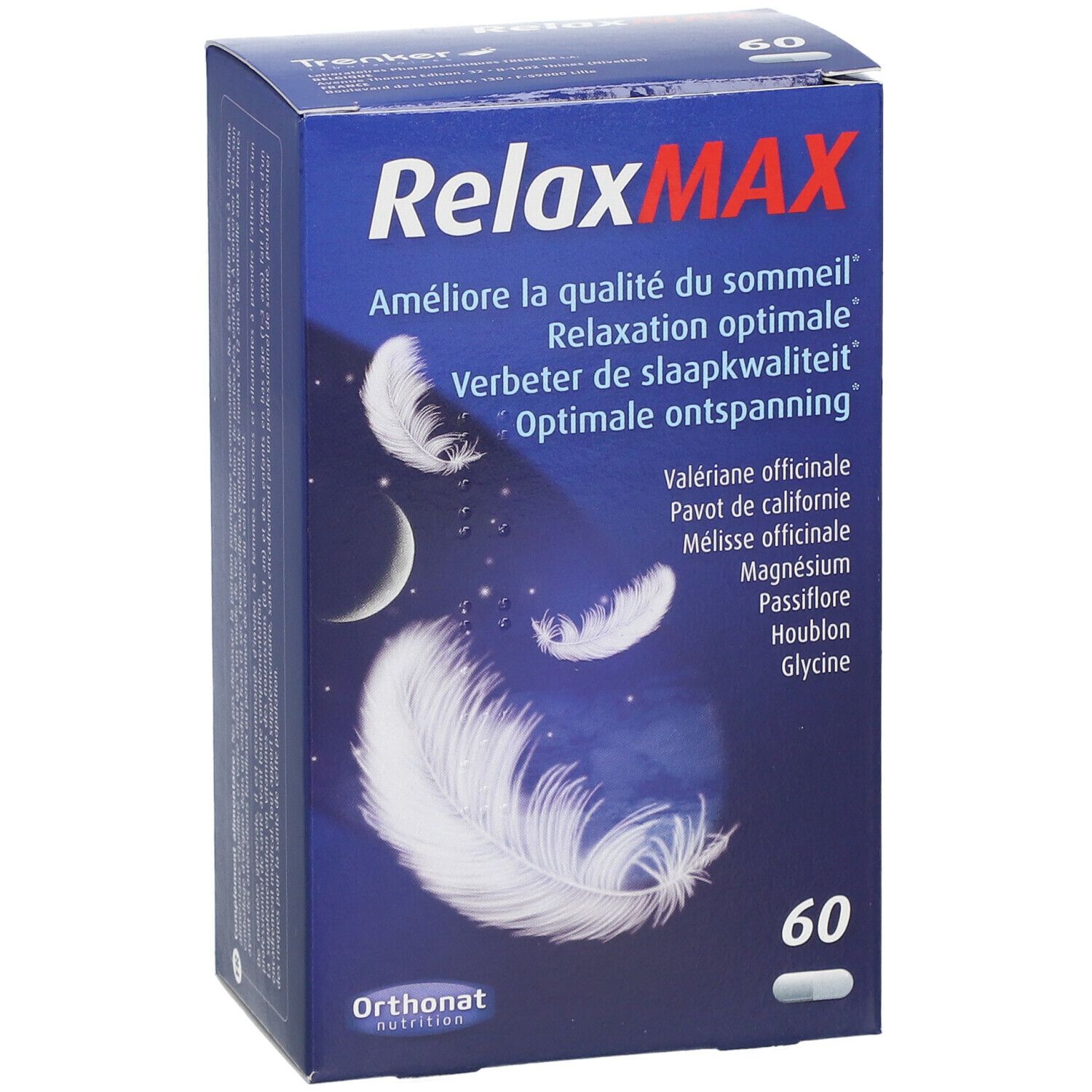 Boîte bleue "RelaxMAX" avec 60 gélules. Illustrations de plumes et de lune. Marque: Orthonat.