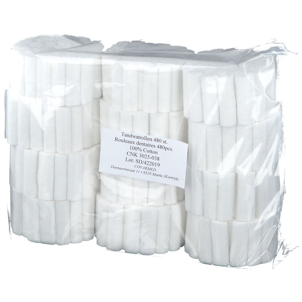 Rouleaux de coton dentaire, emballés. Étiquette avec informations : 480 pièces, 100% coton.