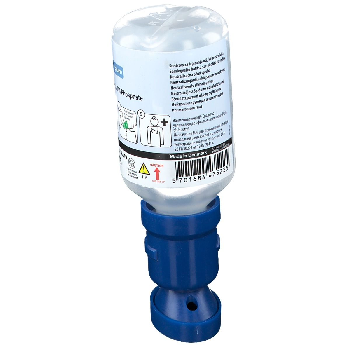 Augenspülung in transparenter Flasche mit blauem Applikator. Rückseite mit mehrsprachigen Informationen und Barcode. Hergestellt in Dänemark.