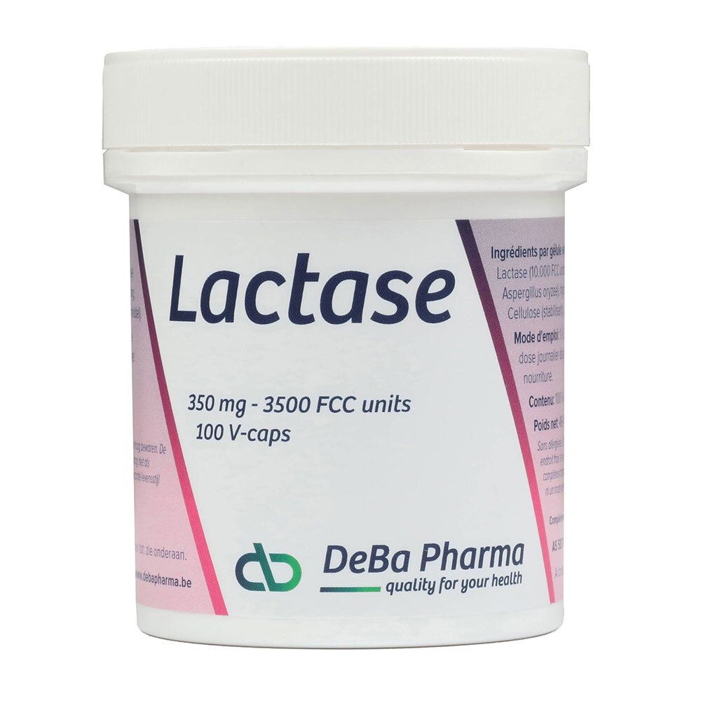 Witte pot met "Lactase". Bevat 100 V-capsules. Merk: DeBa Pharma.