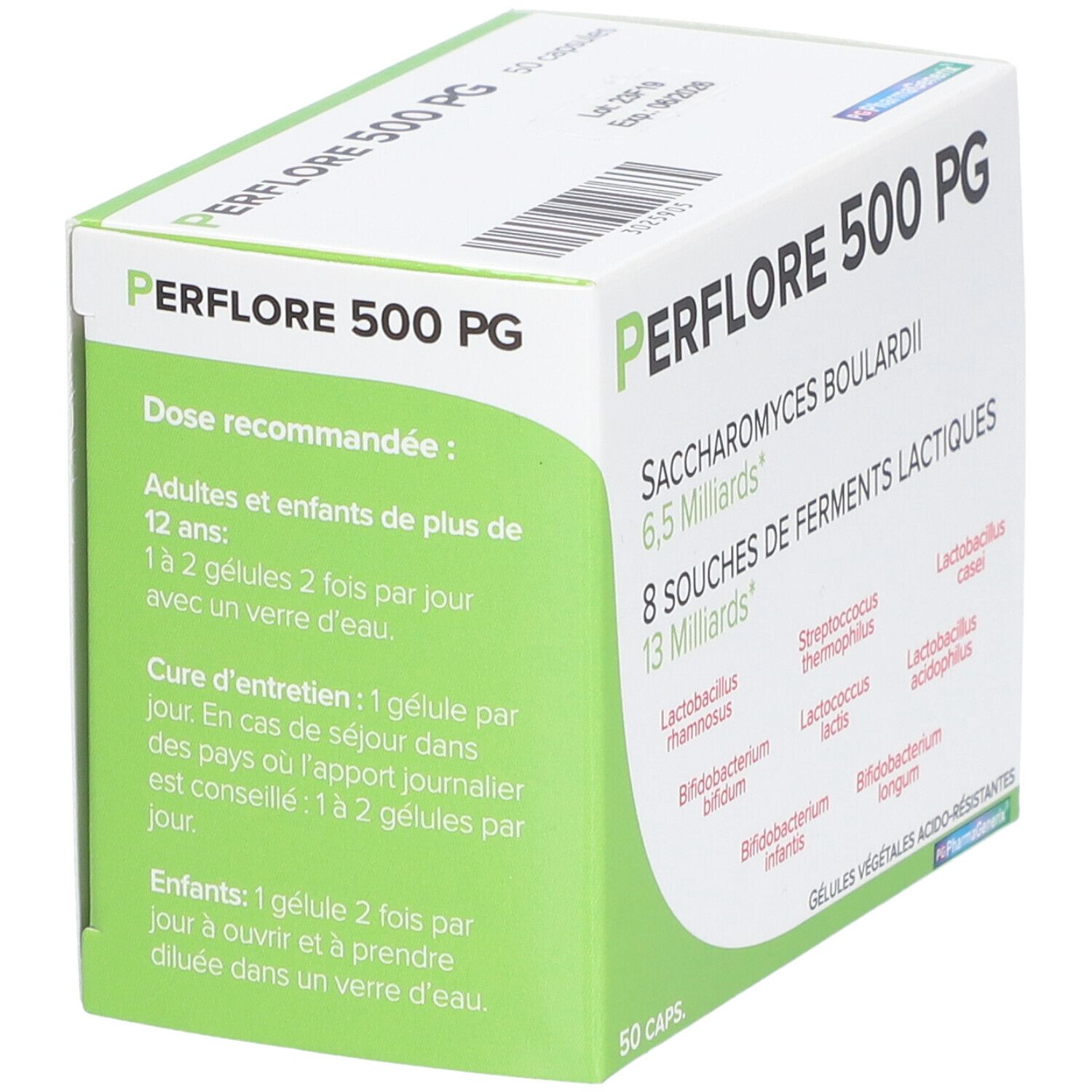 Doos "PERFLORE 500 PG". Opschriften: "Saccharomyces boulardii", "8 souches de ferments lactiques". Dosering aanbevelingen in groen.