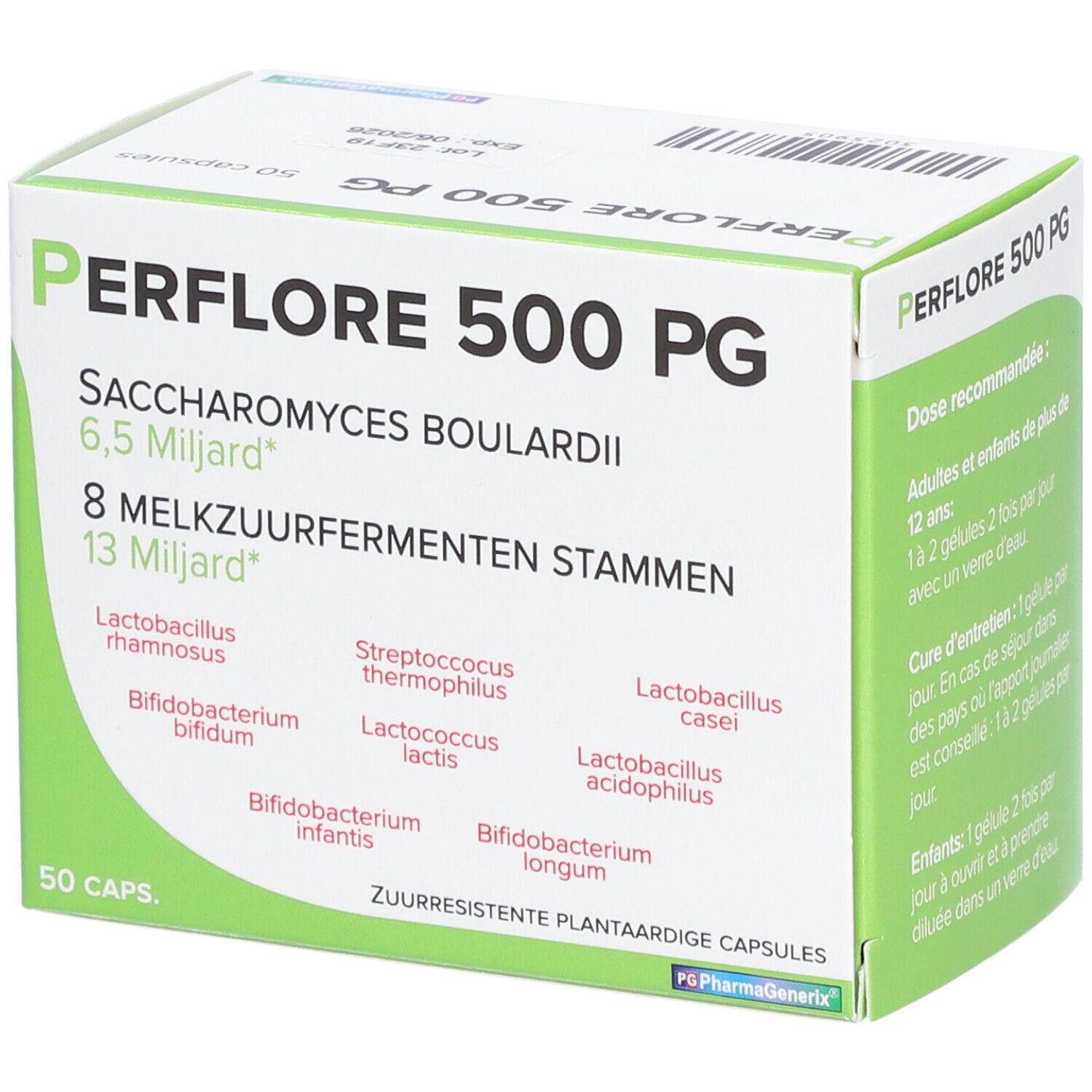 Doos "PERFLORE 500 PG". Opschriften: "Saccharomyces boulardii", "8 melkzuurfermenten stammen". Dosering aanbevelingen in groen.