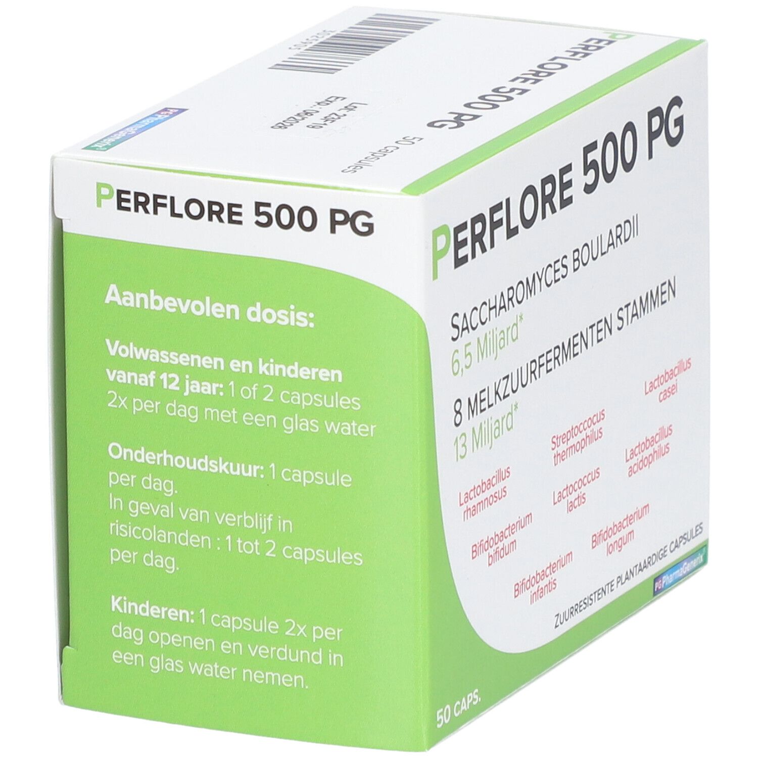 Doos "PERFLORE 500 PG". Opschriften: "Saccharomyces boulardii", "8 melkzuurfermenten stammen". Dosering aanbevelingen in groen.