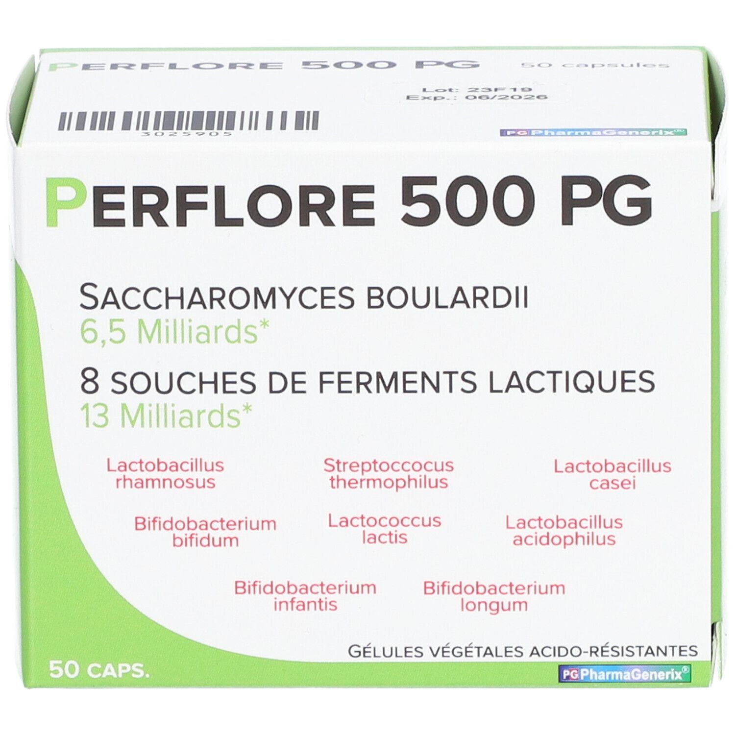 Doos "PERFLORE 500 PG". Opschriften: "Saccharomyces boulardii", "8 souches de ferments lactiques". Bevat 50 capsules.