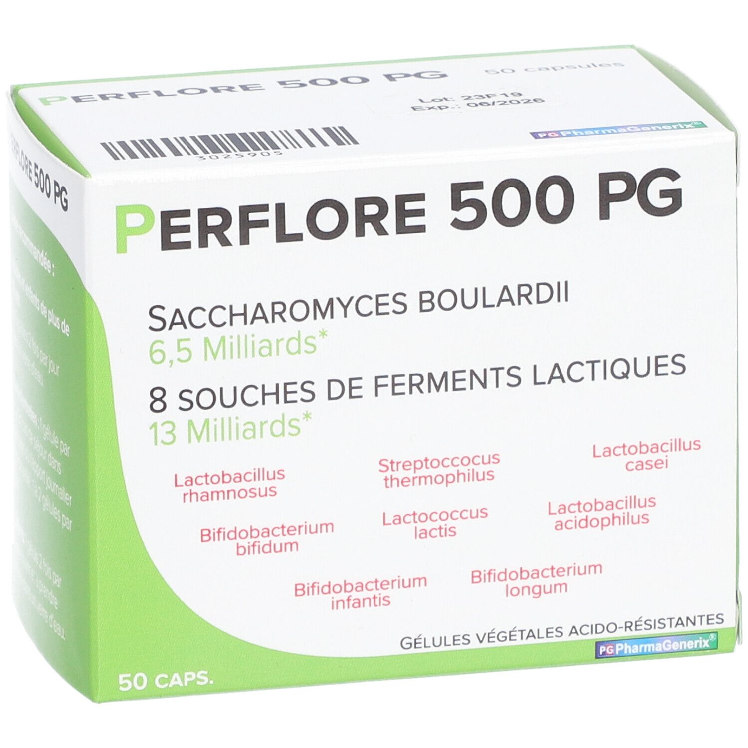 Doos "PERFLORE 500 PG". Opschriften: "Saccharomyces boulardii", "8 souches de ferments lactiques". Bevat 50 capsules.