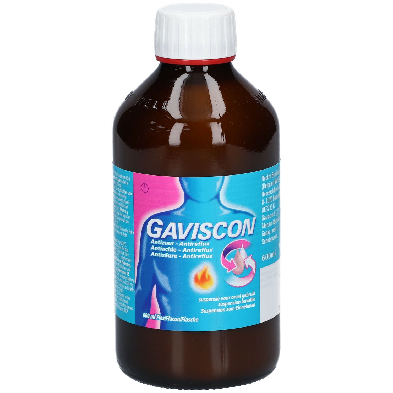 Flacon brun avec bouchon blanc. Étiquette Gaviscon avec illustration et texte. Flacon de 600 ml.