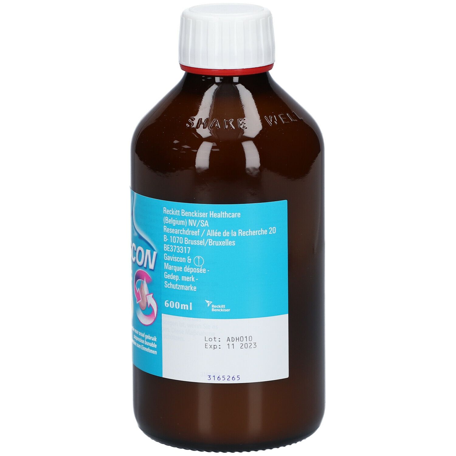 Flacon brun avec bouchon blanc. Texte sur étiquette bleue. Numéro de lot et date d'expiration.