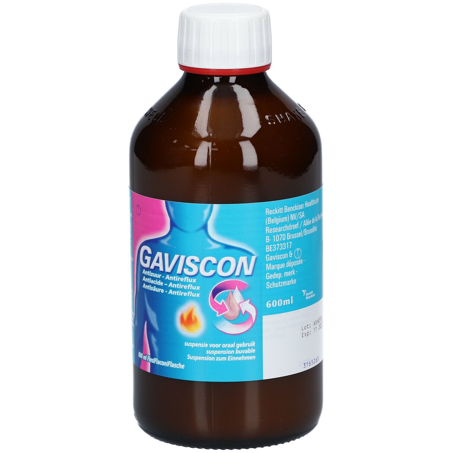Flacon brun avec bouchon blanc. Étiquette Gaviscon avec illustration et texte. Flacon de 600 ml.