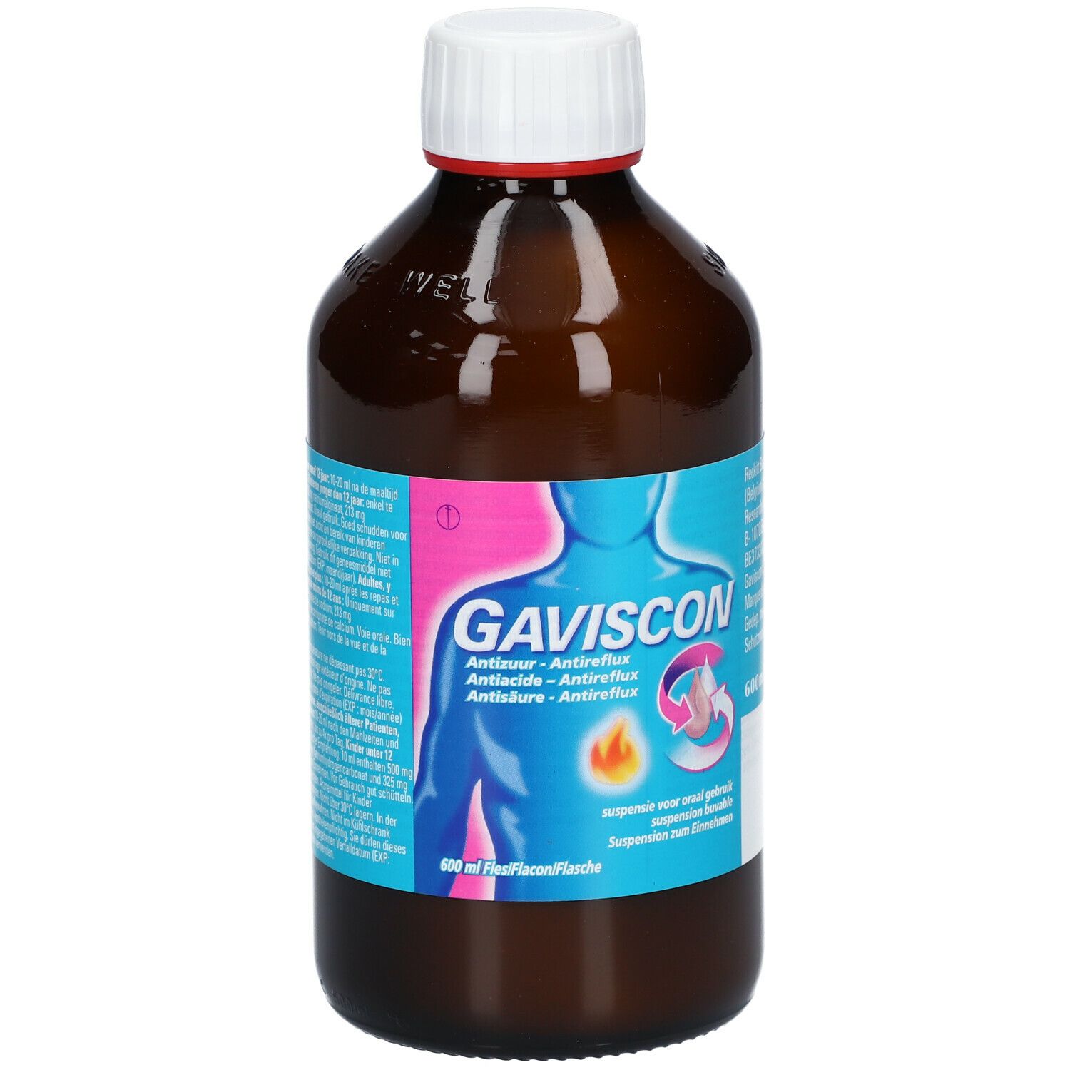Flacon brun avec bouchon blanc. Étiquette Gaviscon avec illustration et texte. Flacon de 600 ml.