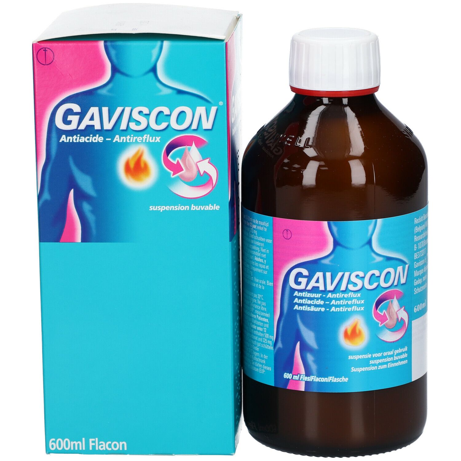 Flacon et emballage Gaviscon. Flacon avec bouchon blanc, emballage avec texte et illustration.