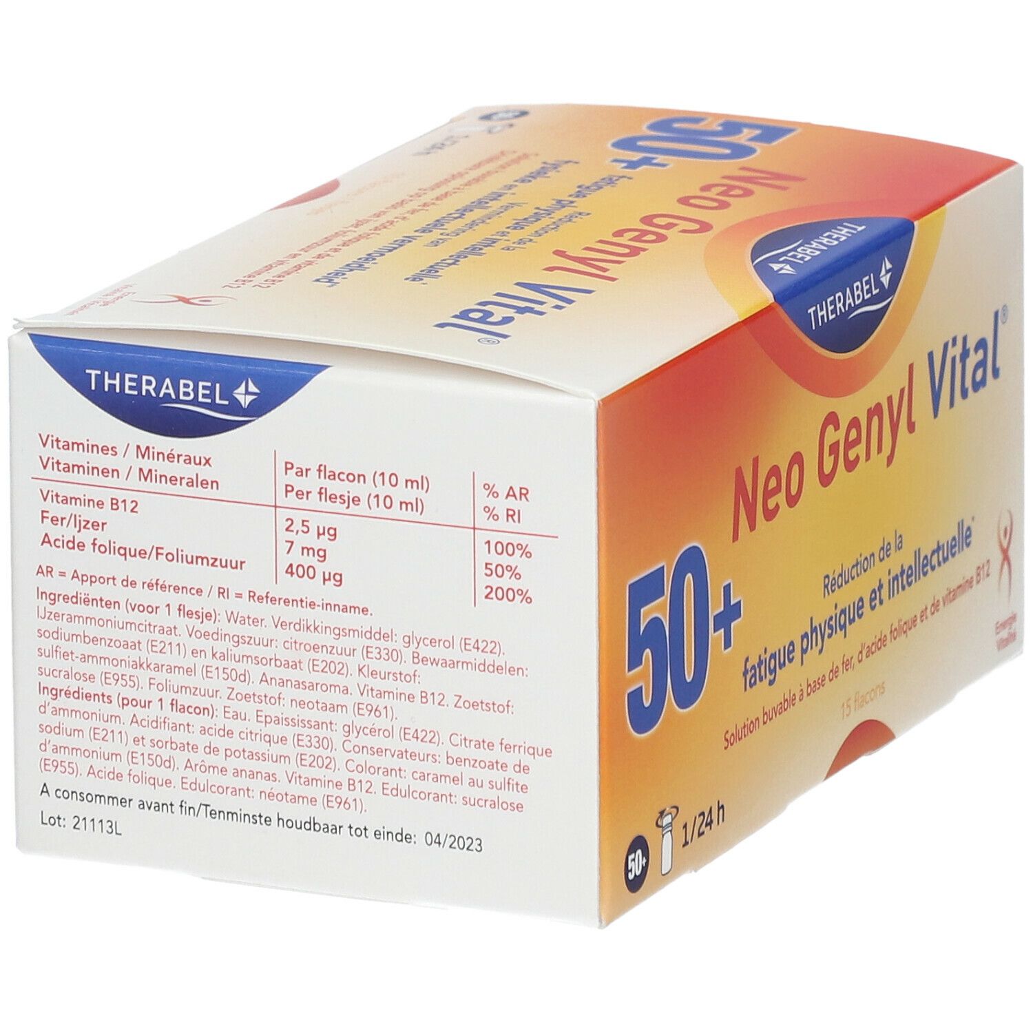Boîte Neo Genyl Vital, vue de dessus. Contient des informations sur les vitamines et minéraux. Marque : Therabel.