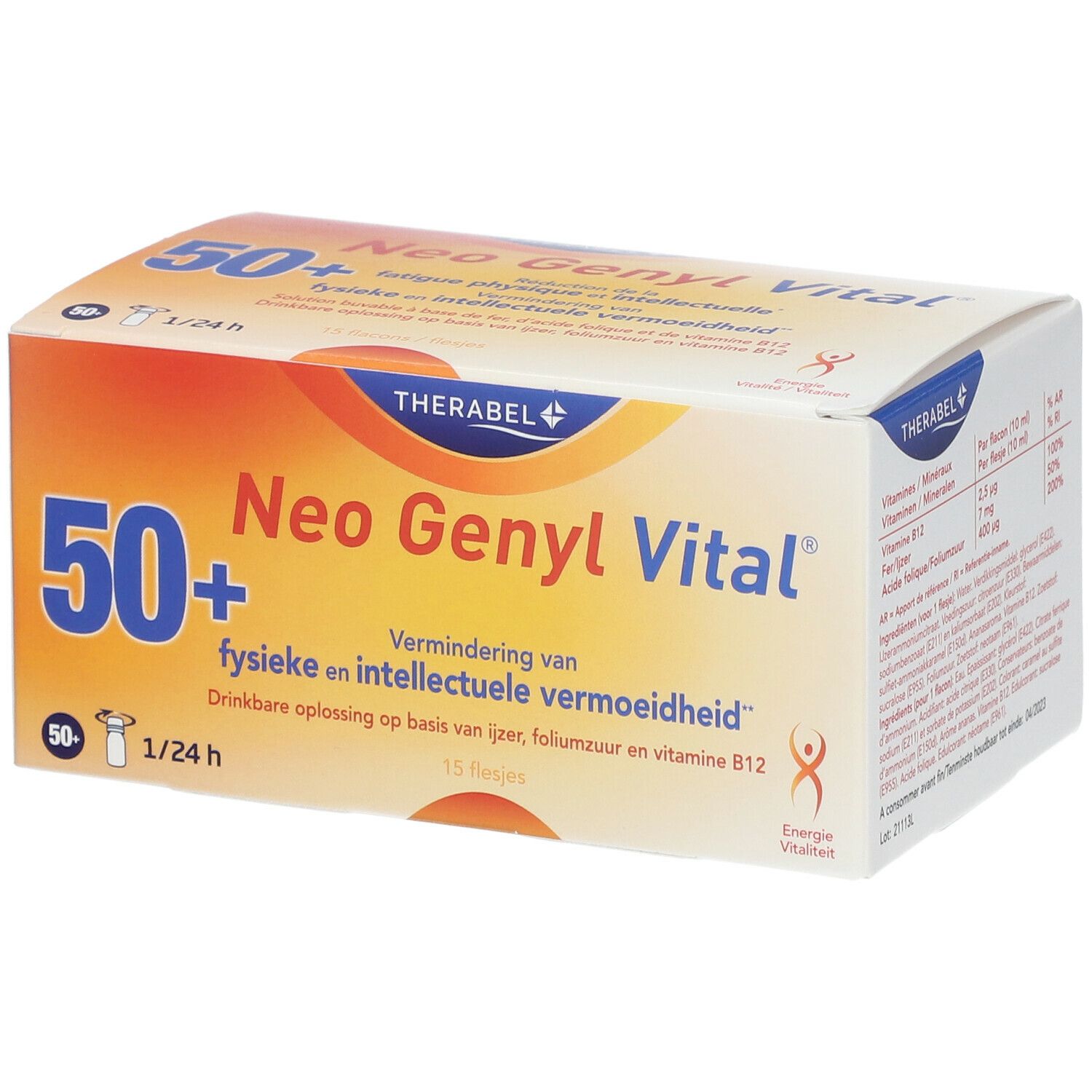 Boîte Neo Genyl Vital. Inscription : 50+, réduction de la fatigue. Contient 15 flacons. Marque : Therabel.