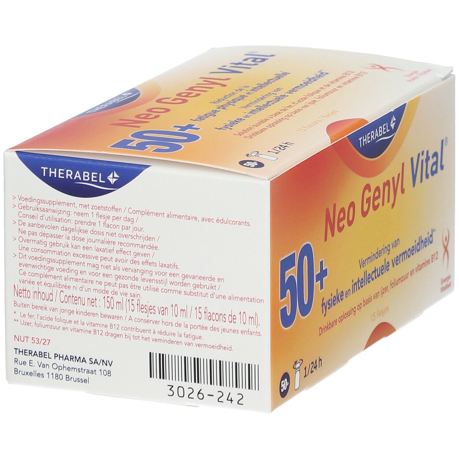 Boîte Neo Genyl Vital. Contient des informations sur les ingrédients et le dosage. Marque : Therabel.