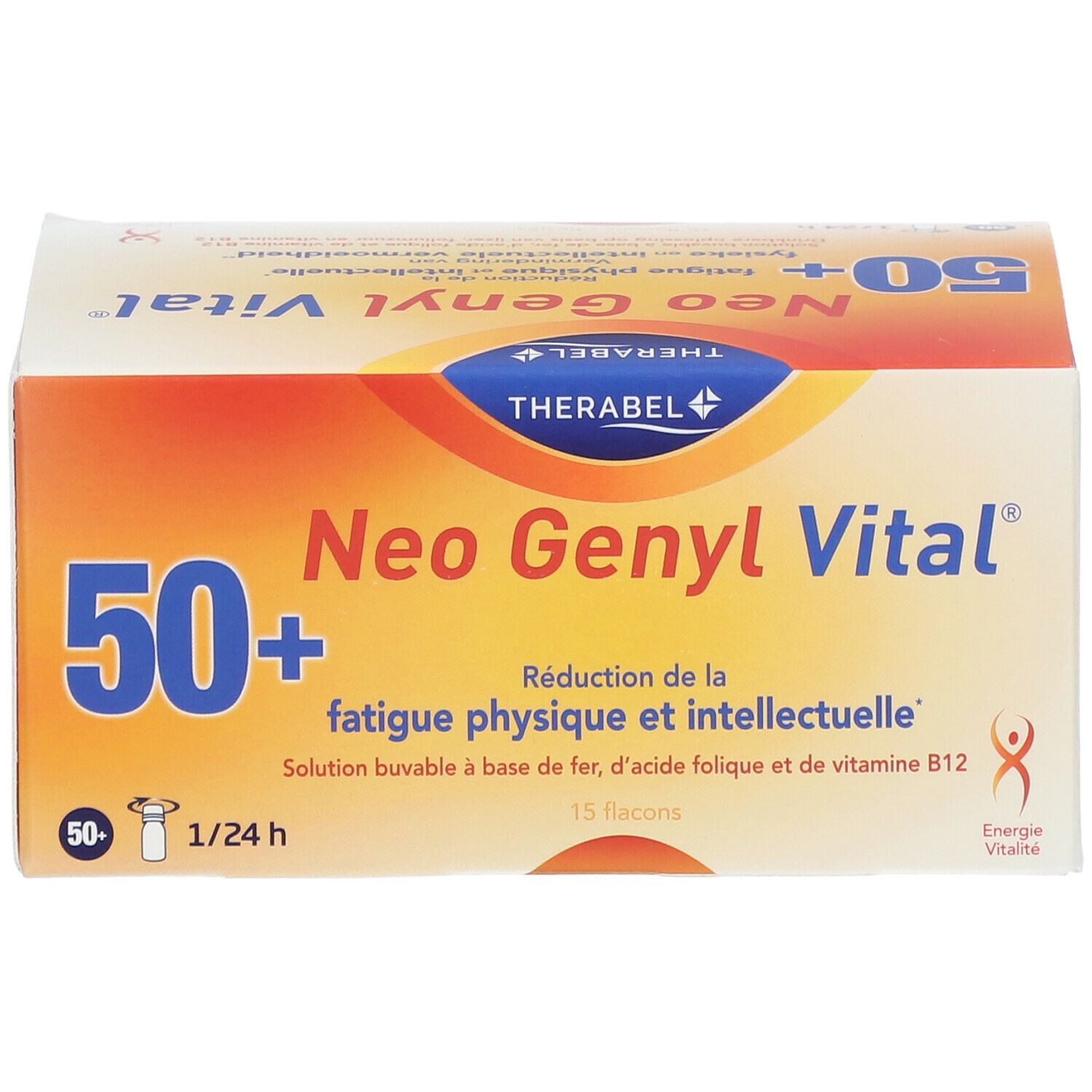 Boîte Neo Genyl Vital. Inscription : 50+, réduction de la fatigue. Contient 15 flacons. Marque : Therabel.